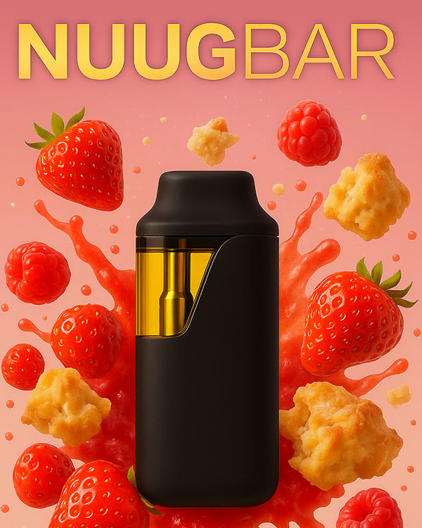 Close-up of a Strawberry Scone NUUG BAR vape device showing its sleek design